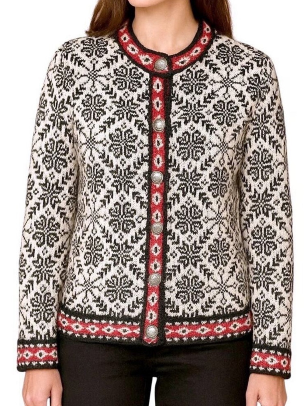 L.L. Bean Vintage 100% Merino Wool Nordic Fair Isle Snowflake Cardigan Sweater M